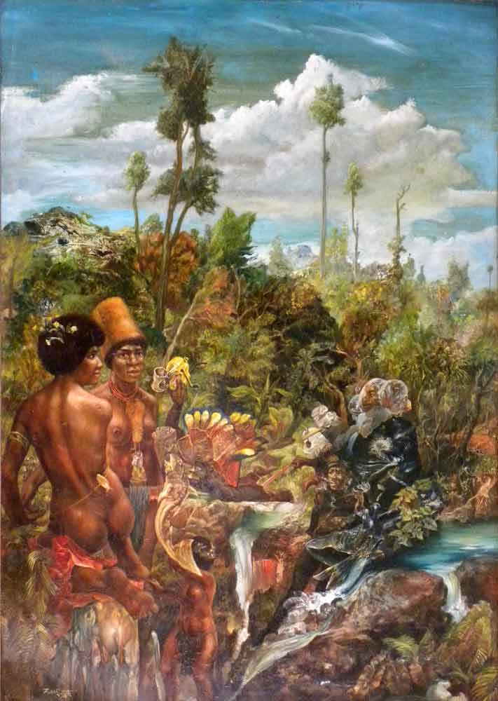02. Oil on Aluminium. <strong>Tin opener</strong> What use is a tin opener without electricity or tins? Western artifacts reach the islands of the pacific.  Early work. (64.5 x 90.5)